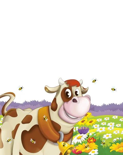 Scena dei cartoni animati con mucca divertirsi in fattoria su sfondo bianco - illustrazione per bambini — Foto Stock