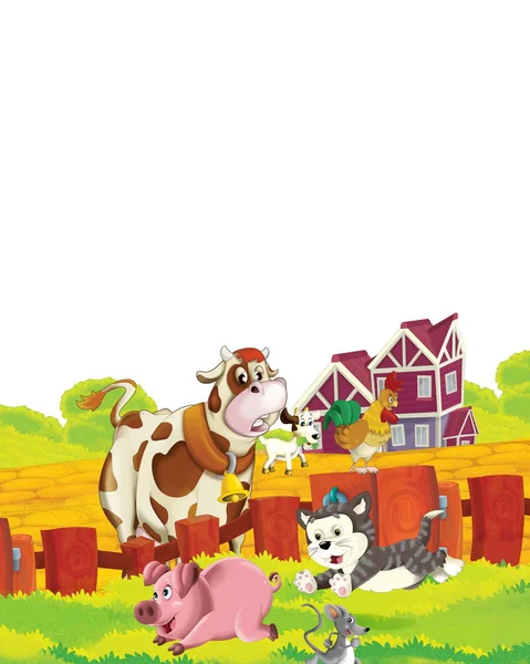 Scène de dessin animé avec vache s'amuser à la ferme sur fond blanc illustration pour les enfants — Photo