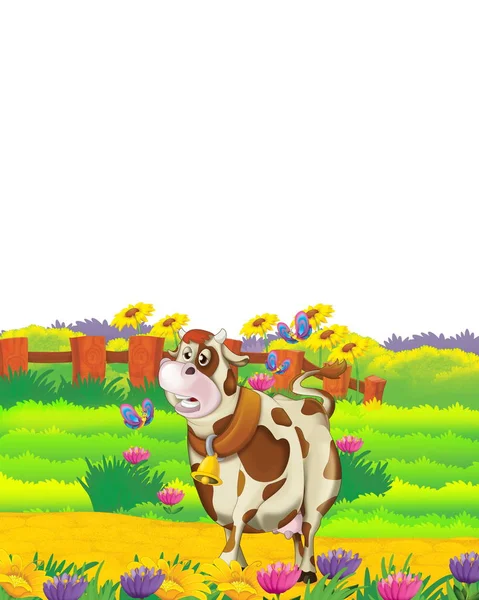 Zeichentrickszene mit Kuh, die auf dem Bauernhof auf weißem Hintergrund Spaß hat - Illustration für Kinder — Stockfoto