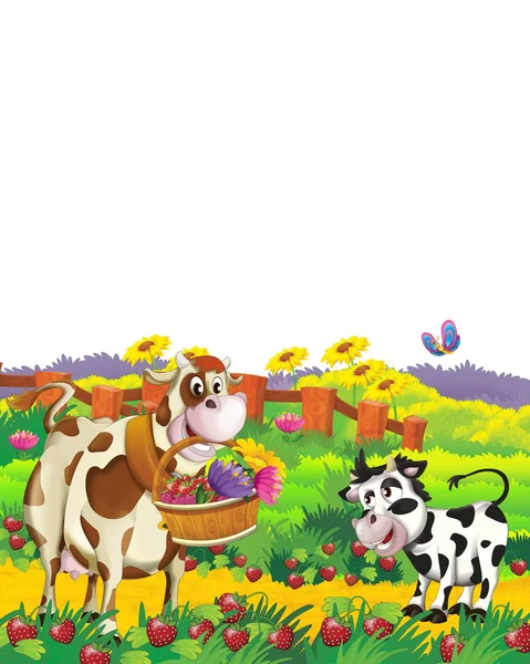 Σκηνή κινουμένων σχεδίων με αγελάδα που διασκεδάζουν στο αγρόκτημα σε λευκό φόντο - εικονογράφηση για παιδιά — Φωτογραφία Αρχείου