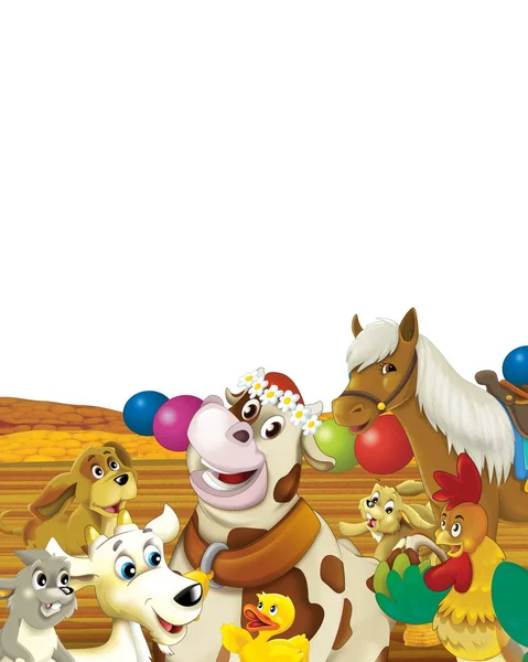 Cena dos desenhos animados com vaca se divertindo na fazenda em fundo branco - ilustração para crianças — Fotografia de Stock