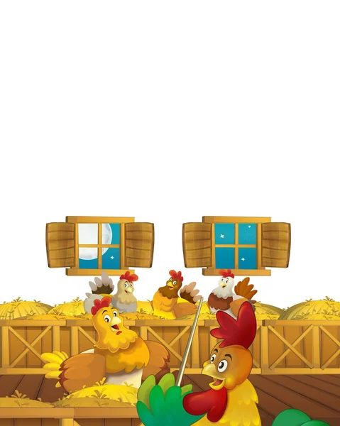 Escena de granja de dibujos animados con pájaro de pollo animal divirtiéndose sobre fondo blanco con espacio para el texto - ilustración para niños —  Fotos de Stock