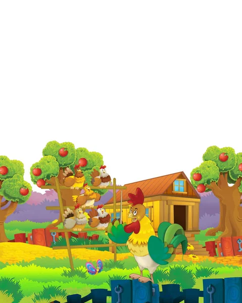 Cartoon-Bauernhofszene mit tierischem Hühnervogel, der Spaß auf weißem Hintergrund mit Platz für Text hat - Illustration für Kinder — Stockfoto