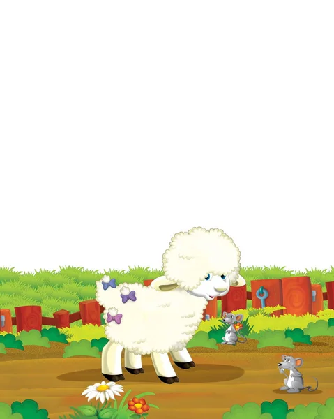 Escena de dibujos animados con ovejas divirtiéndose en la granja sobre fondo blanco - ilustración para niños — Foto de Stock