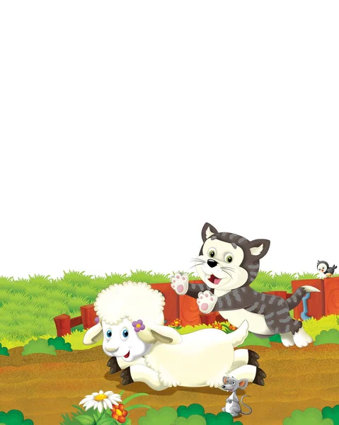 Cartoon scene with sheep and cat having fun on the farm on white background - illustration for children — Stock Photo, Image