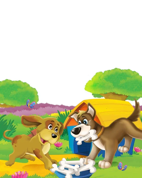Tecknad scen med hund har roligt på gården på vit bakgrund - illustration för barn — Stockfoto