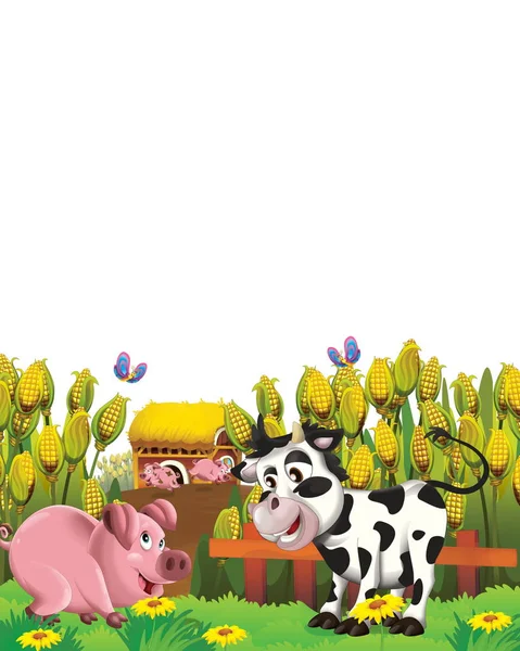 Escena de dibujos animados con cerdo y vaca en una granja divirtiéndose sobre fondo blanco - ilustración para niños — Foto de Stock