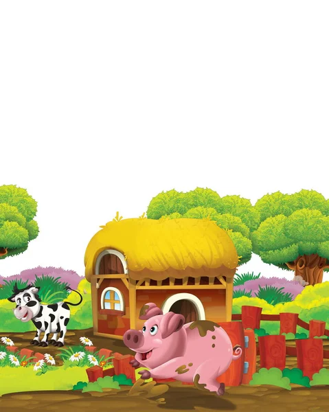 Scène de dessin animé avec cochon et vache sur une ferme s'amuser sur fond blanc illustration pour les enfants — Photo