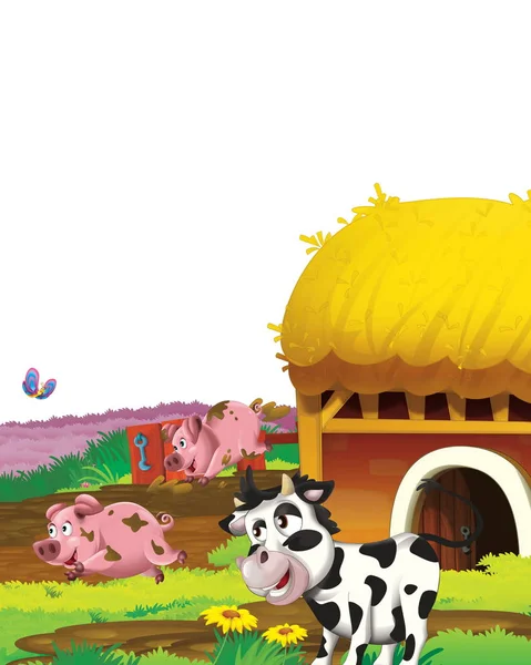 Zeichentrickszene mit Schwein und Kuh auf einem Bauernhof mit Spaß auf weißem Hintergrund - Illustration für Kinder — Stockfoto