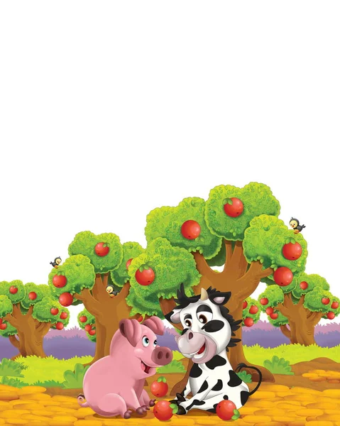 Scena del cartone animato con maiale e mucca in una fattoria divertirsi su sfondo bianco - illustrazione per bambini — Foto Stock
