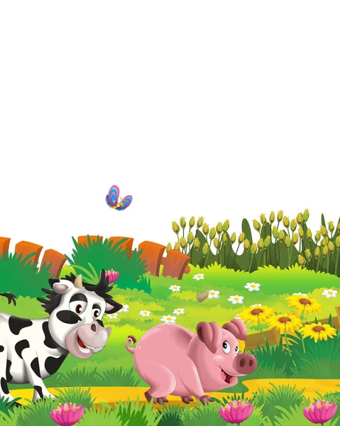 Scène de dessin animé avec cochon et vache sur une ferme s'amuser sur fond blanc illustration pour les enfants — Photo