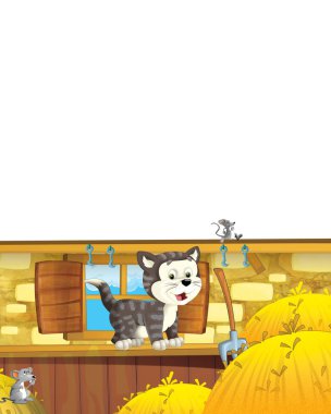 Kedilerin beyaz arka planda çiftlikte eğlendiği çizgi film sahnesi - çocuklar için illüstrasyon