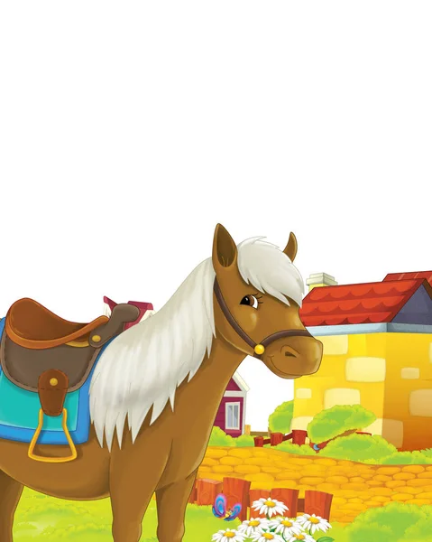 Cena dos desenhos animados com cavalo se divertindo na fazenda em fundo branco - ilustração para crianças — Fotografia de Stock