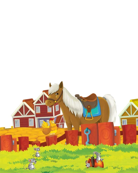 Kreskówkowa scena z kotem bawiącym się na farmie na białym tle - ilustracja dla dzieci — Zdjęcie stockowe