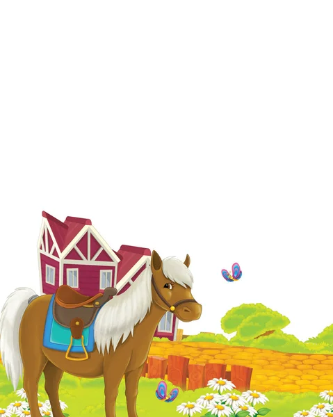 Escena de dibujos animados con caballo divirtiéndose en la granja sobre fondo blanco - ilustración para niños —  Fotos de Stock