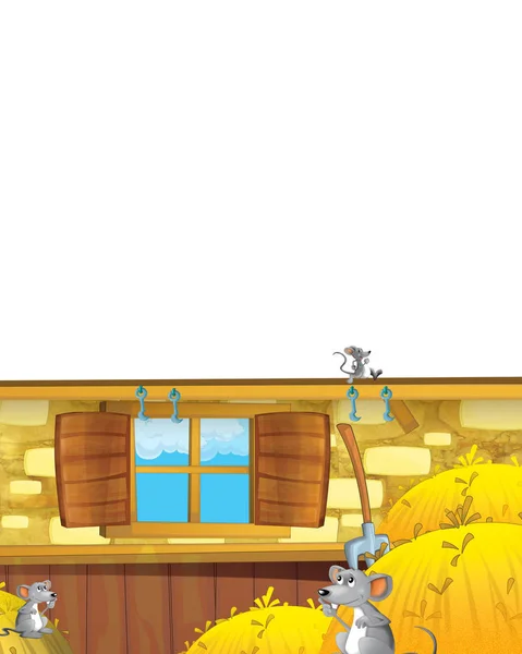Tegneserie scene med mus have det sjovt på gården på hvid baggrund - illustration for børn - Stock-foto