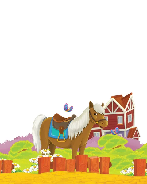 Cena dos desenhos animados com cavalo se divertindo na fazenda em fundo branco - ilustração para crianças — Fotografia de Stock