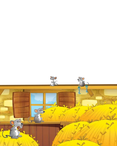 Cena dos desenhos animados com o mouse se divertindo na fazenda em fundo branco - ilustração para crianças — Fotografia de Stock