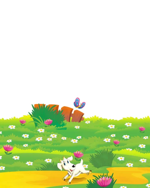 Cartoon farm scene with farm meadow on white background - illustration for children — Stock Photo, Image
