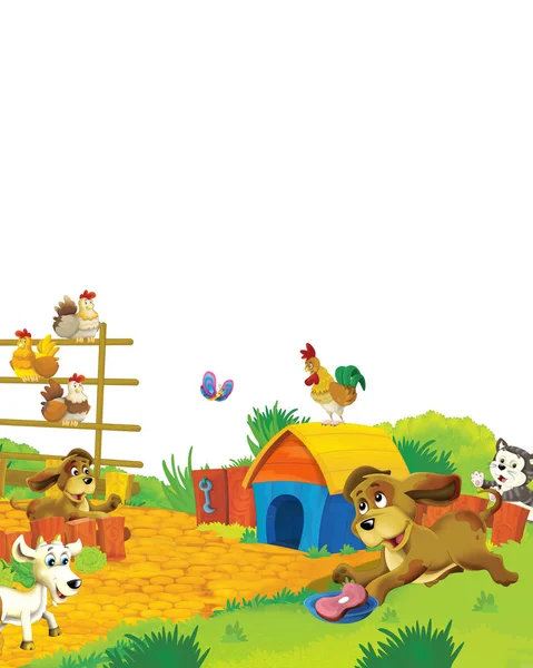 cartoon scene with different animals on a farm having fun on white background - illustration for children