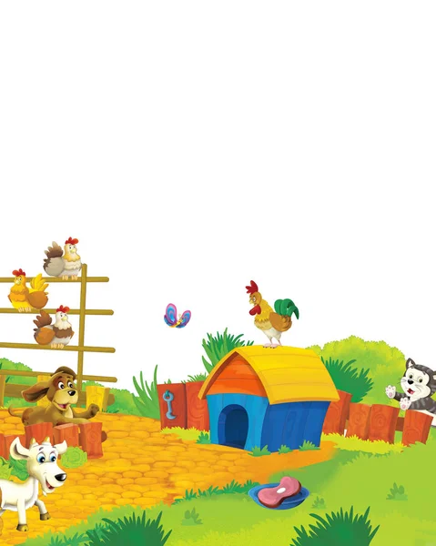 Bir çiftlikteki farklı hayvanların beyaz arka planda eğlendiği karikatür sahnesi - çocuklar için illüstrasyon — Stok fotoğraf