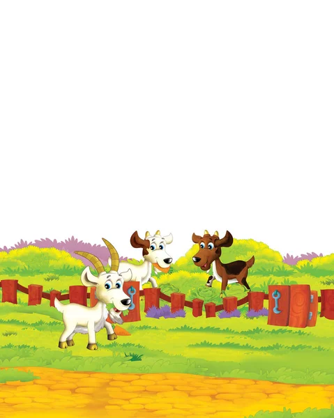 以白色背景的动物山羊为乐的卡通农场场景-儿童图解 — 图库照片