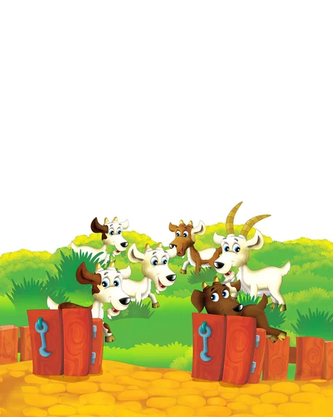 Cartoon Farm scena con capra animale divertirsi su sfondo bianco - illustrazione per bambini — Foto Stock