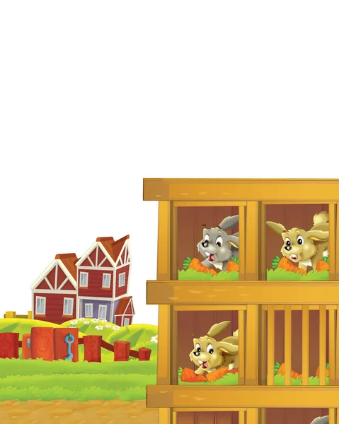 Scena del cartone animato con coniglio in una fattoria divertirsi su sfondo bianco - illustrazione per bambini — Foto Stock