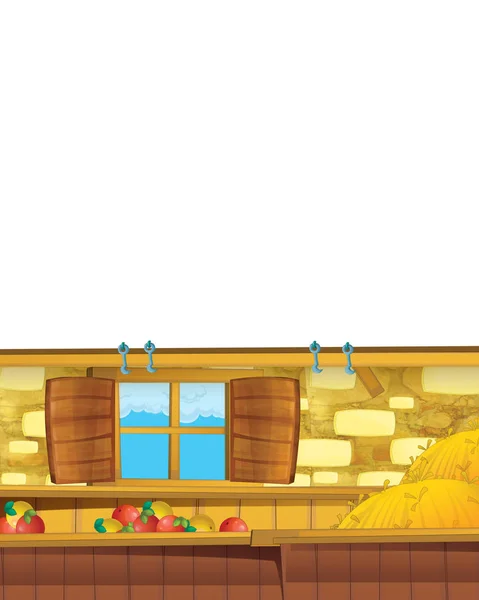 Scena del cartone animato con fienile all'interno della fattoria su sfondo bianco - illustrazione per bambini — Foto Stock