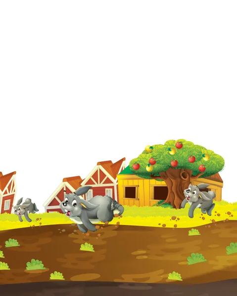Escena de dibujos animados con conejo en una granja divirtiéndose sobre fondo blanco - ilustración para niños — Foto de Stock