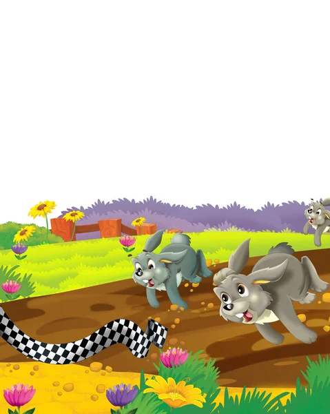 Beyaz arka planda eğlenen tavşanlı çizgi film sahnesi - çocuklar için illüstrasyon — Stok fotoğraf