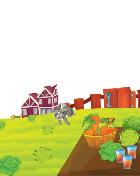 Cena dos desenhos animados com coelho em uma fazenda se divertindo no fundo branco - ilustração para crianças — Fotografia de Stock