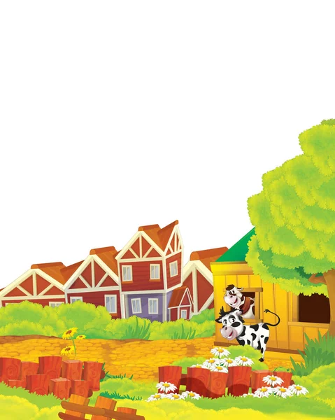 Scène de dessin animé avec vache s'amuser à la ferme sur fond blanc illustration pour les enfants — Photo