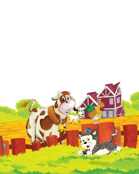 İneğin beyaz arka planda çiftlikte eğlendiği çizgi film sahnesi - çocuklar için illüstrasyon — Stok fotoğraf