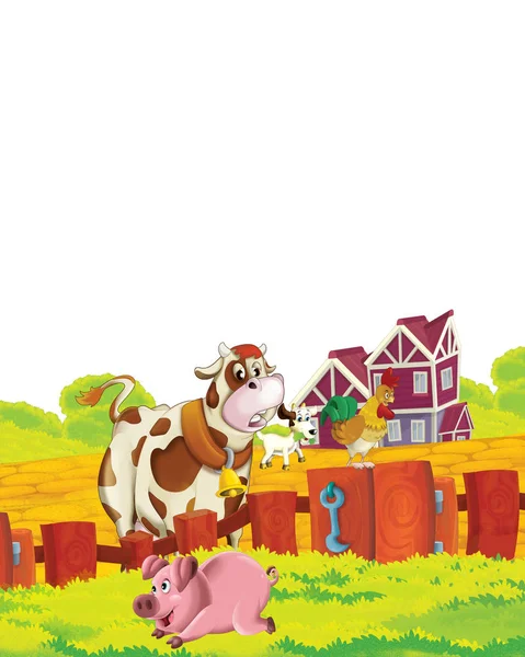 Escena de dibujos animados con vaca divirtiéndose en la granja sobre fondo blanco - ilustración para niños — Foto de Stock