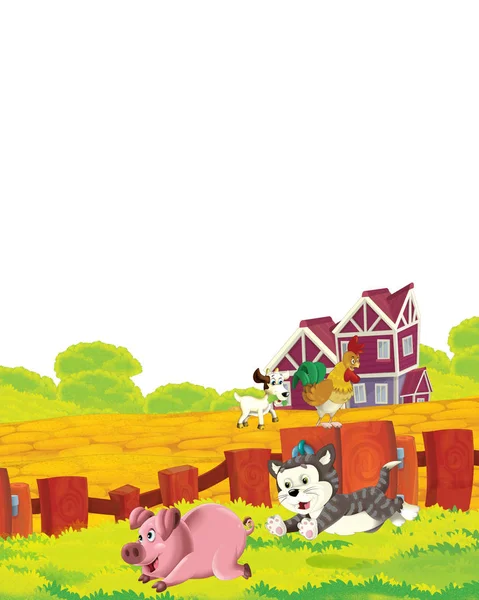 cartoon scene with cat having fun on the farm on white background - illustration for children