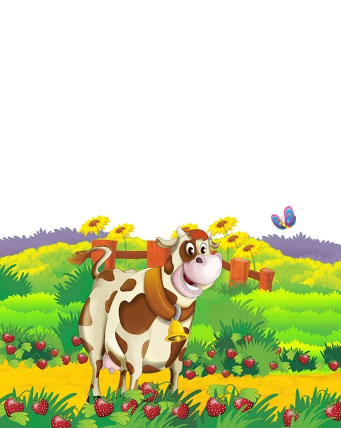 白い背景で農場で楽しんでいる牛と漫画シーン-子供のためのイラスト — ストック写真