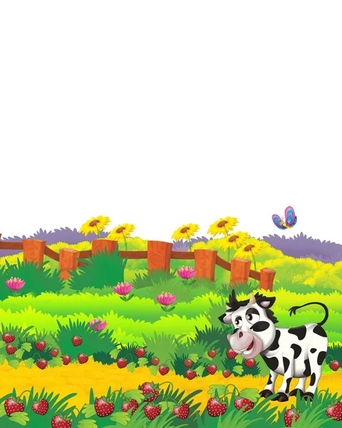 Kreslená scéna s krávou baví na farmě na bílém pozadí - ilustrace pro děti — Stock fotografie