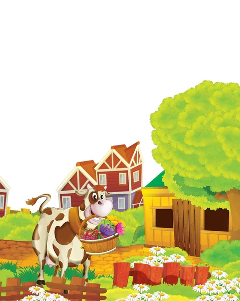 Σκηνή κινουμένων σχεδίων με αγελάδα που διασκεδάζουν στο αγρόκτημα σε λευκό φόντο - εικονογράφηση για παιδιά — Φωτογραφία Αρχείου