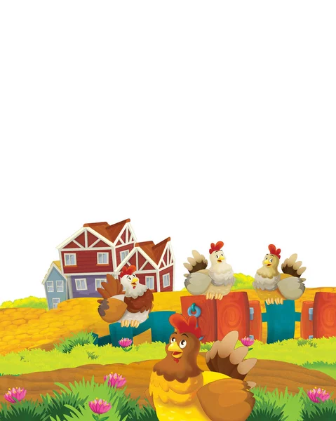 Cartoon farm scene with animal chicken bird having fun on white background with space for text - illustration for children — Stock Photo, Image