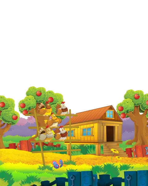 Cartoon-Bauernhofszene mit tierischem Hühnervogel, der Spaß auf weißem Hintergrund mit Platz für Text hat - Illustration für Kinder — Stockfoto