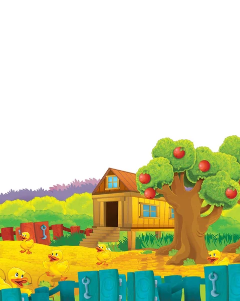 Escena de granja de dibujos animados con pájaro pato animal divirtiéndose sobre fondo blanco con espacio para el texto - ilustración para niños —  Fotos de Stock