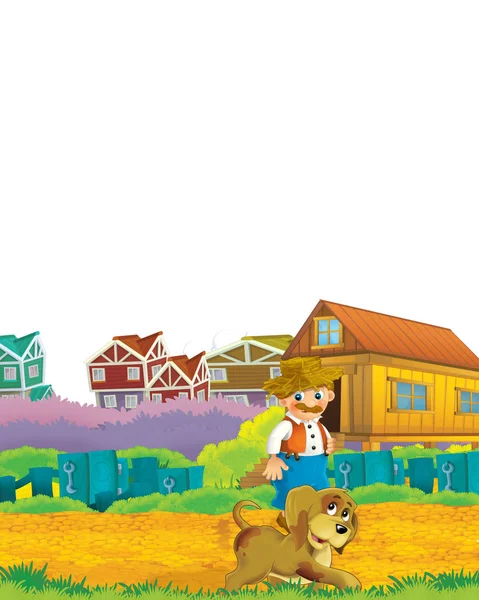 Cartoon farm scene with farmer having fun on white background with space for text - illustration for children — Stock Photo, Image