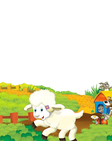 Мультяшна сцена з вівцями розважається на фермі на білому тлі ілюстрація для дітей — стокове фото