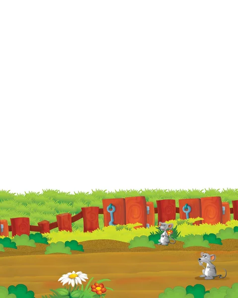 Escena de dibujos animados con ratones divirtiéndose en la granja sobre fondo blanco - ilustración para niños — Foto de Stock