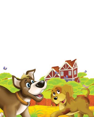 Köpeğin beyaz arka planda çiftlikte eğlendiği çizgi film sahnesi - çocuklar için illüstrasyon