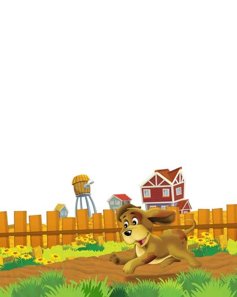 Escena de dibujos animados con perro divirtiéndose en la granja sobre fondo blanco - ilustración para niños — Foto de Stock