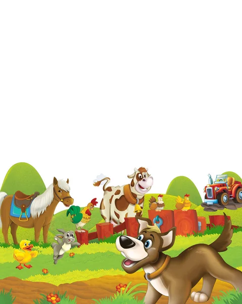 Escena de dibujos animados con perro divirtiéndose en la granja sobre fondo blanco - ilustración para niños —  Fotos de Stock
