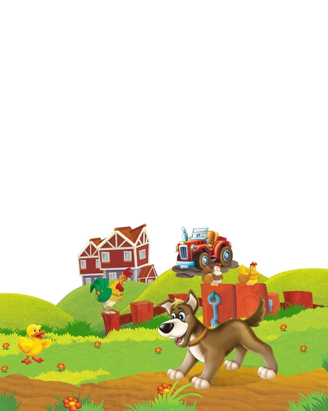 Escena de dibujos animados con perro divirtiéndose en la granja sobre fondo blanco - ilustración para niños —  Fotos de Stock