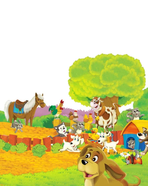 Scène de dessin animé avec chien s'amusant à la ferme sur fond blanc illustration pour les enfants — Photo
